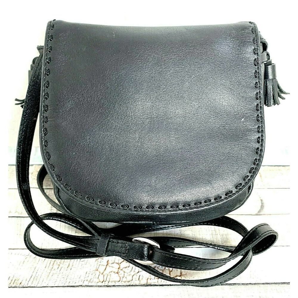 Eddie Bauer BLACK GENUINE LEATHER TASSELS FLAP MINI SHOULDER BAG CROSSBODY PURSE